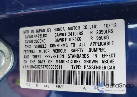 2013 Acura Tsx 2.4 z USA, uszkodzony, nr VIN JH4CU2F47DC003911